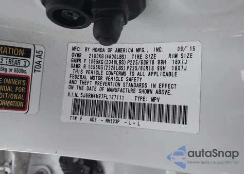 2015 Honda Cr-V Touring из США, поврежденный, VIN 5J6RM4H97FL127111